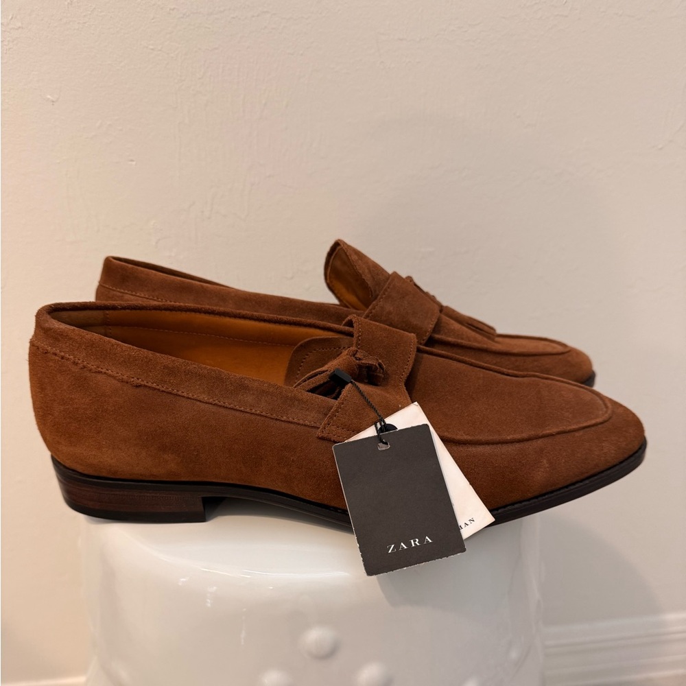 ZARA Suede  Tassel Loafers in Chestnut Brown New Size 11 - Picture 2 of 5
